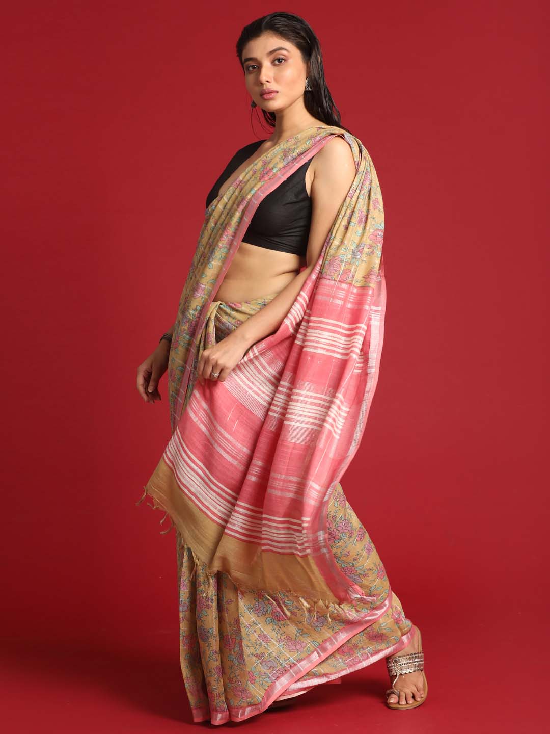 Indethnic Yellow Liva Printed Saree - View 2