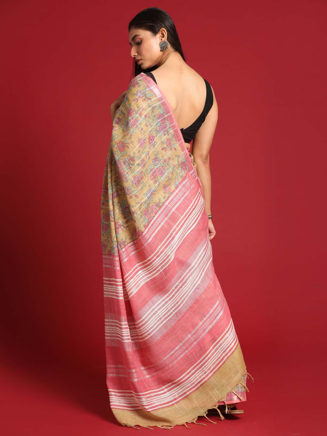 Indethnic Yellow Liva Printed Saree - View 3