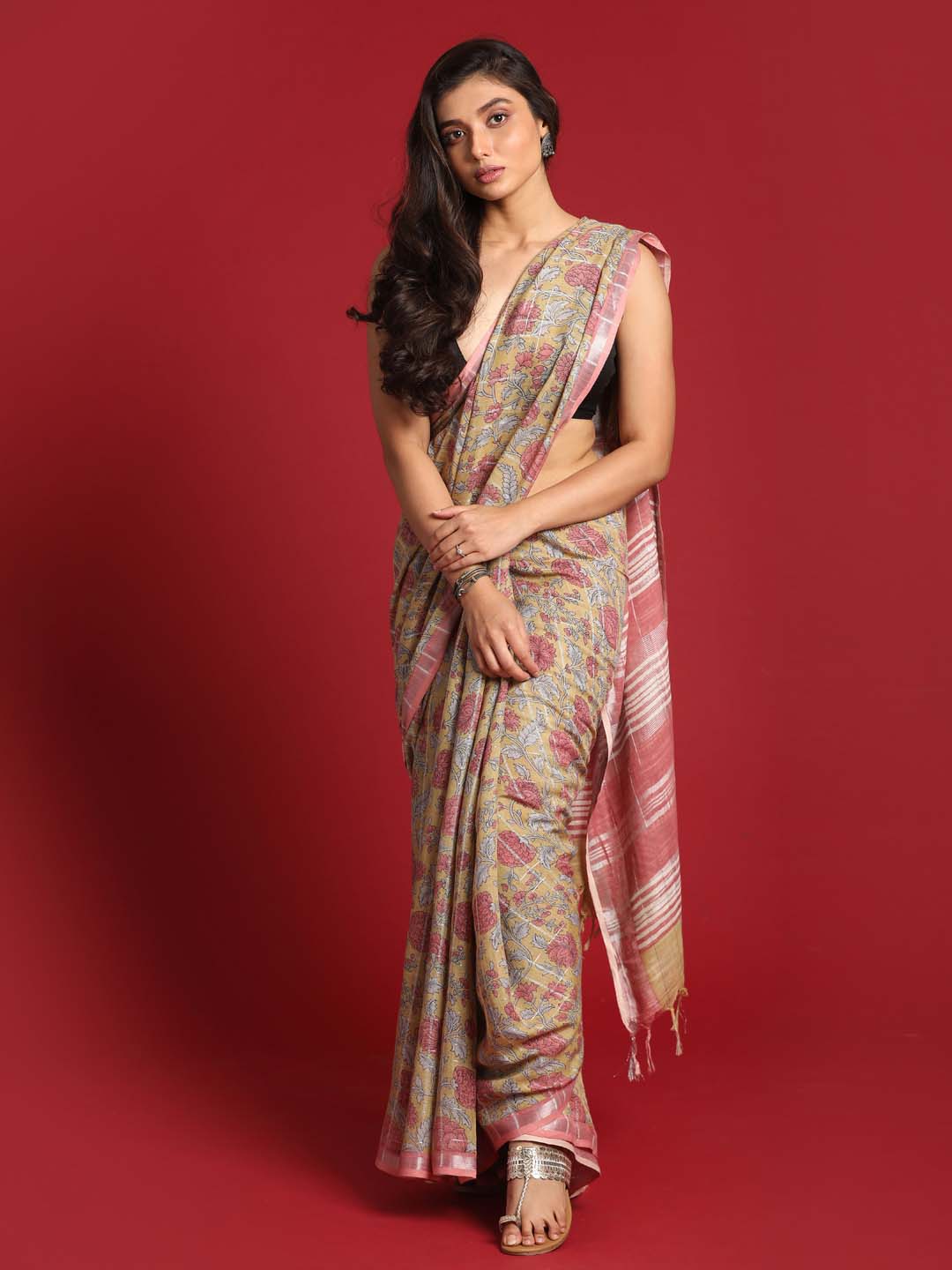 Indethnic Yellow Liva Printed Saree - View 2