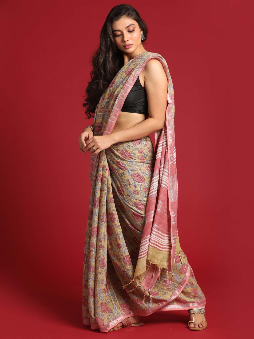 Indethnic Yellow Liva Printed Saree - View 3