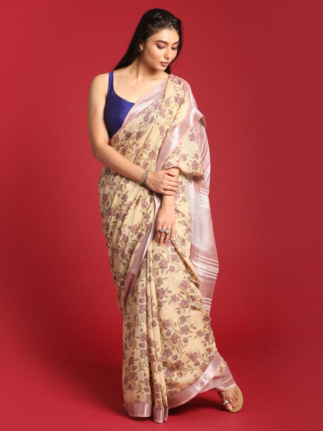 Indethnic Yellow Liva Printed Saree - View 2