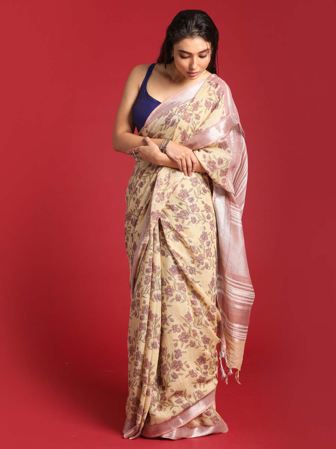 Indethnic Yellow Liva Printed Saree - View 3