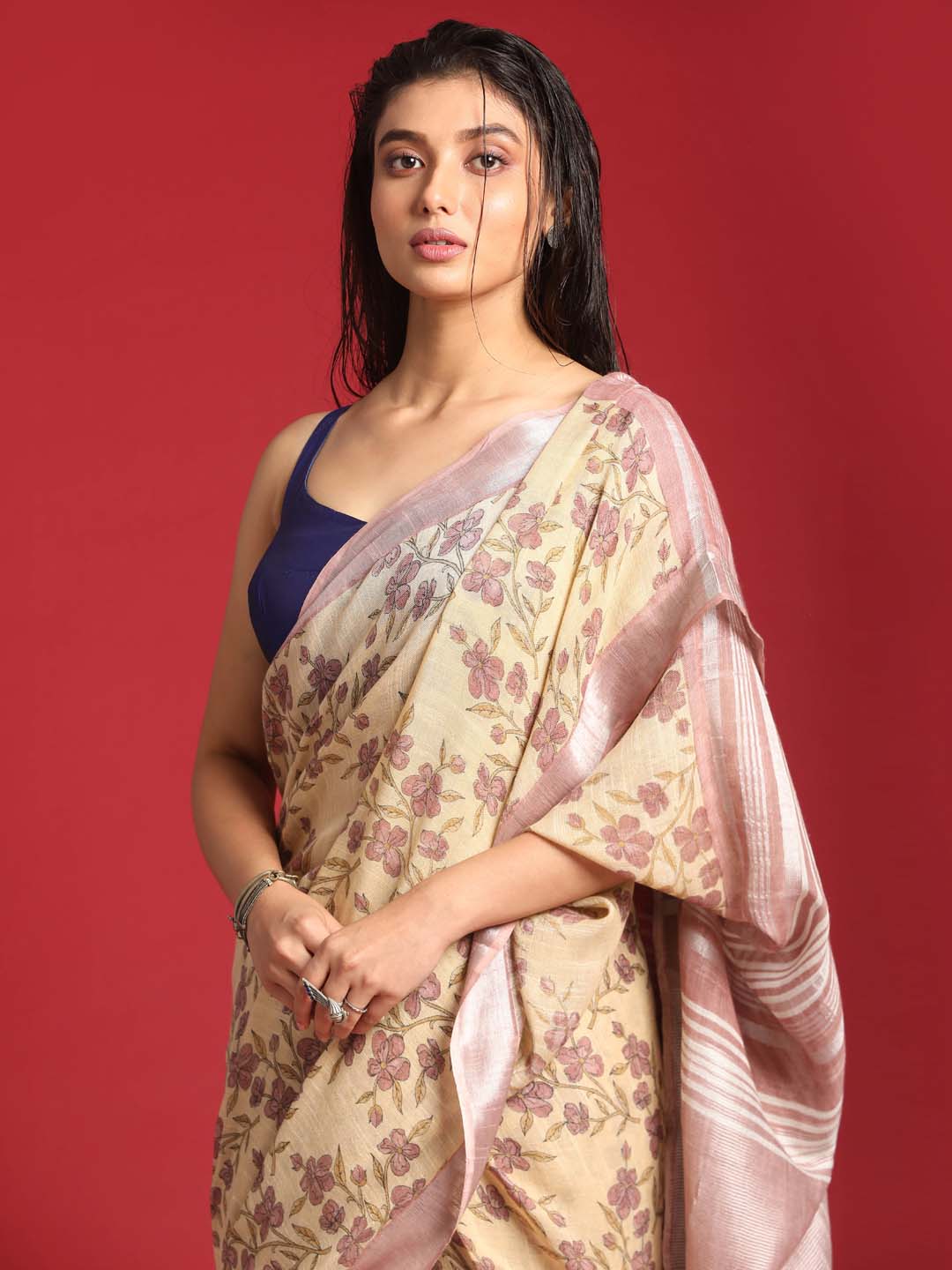 Indethnic Yellow Liva Printed Saree - View 1