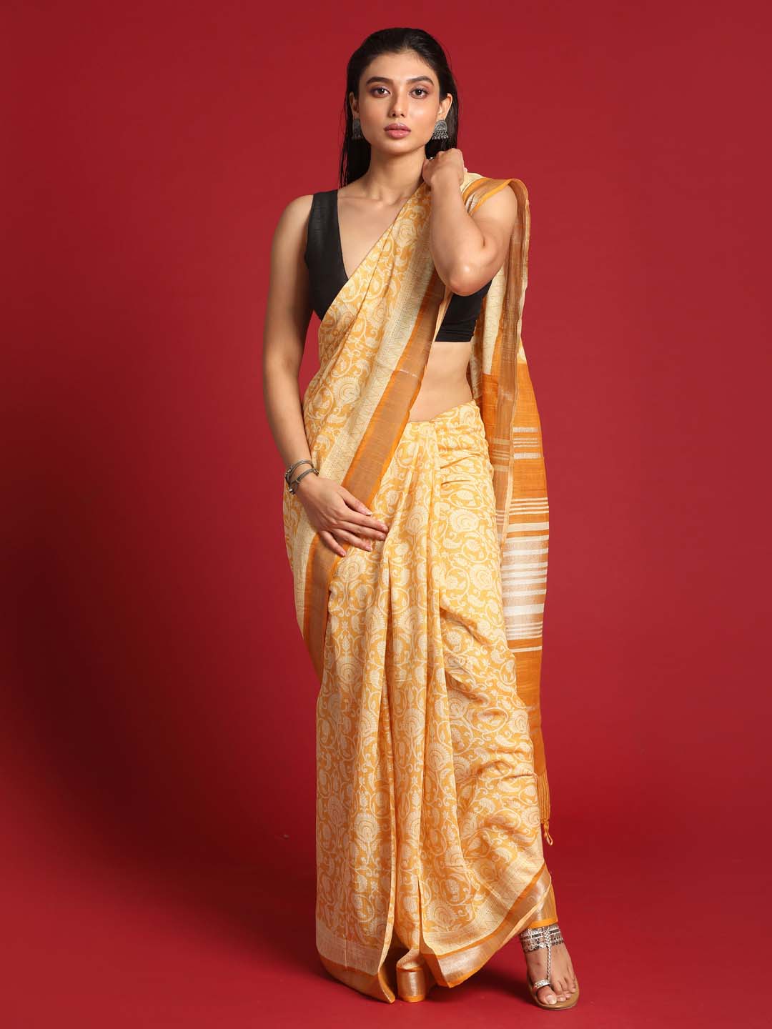 Indethnic Yellow Liva Printed Saree - View 2