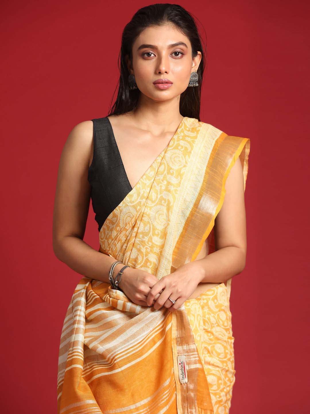 Indethnic Yellow Liva Printed Saree - View 1