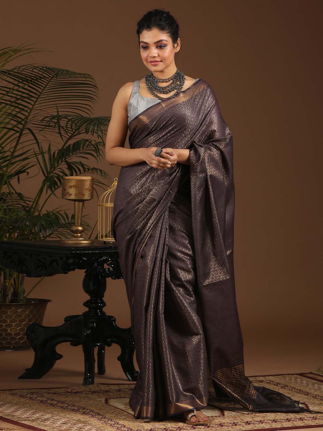 Indethnic Black Liva Woven Design Saree - View 1