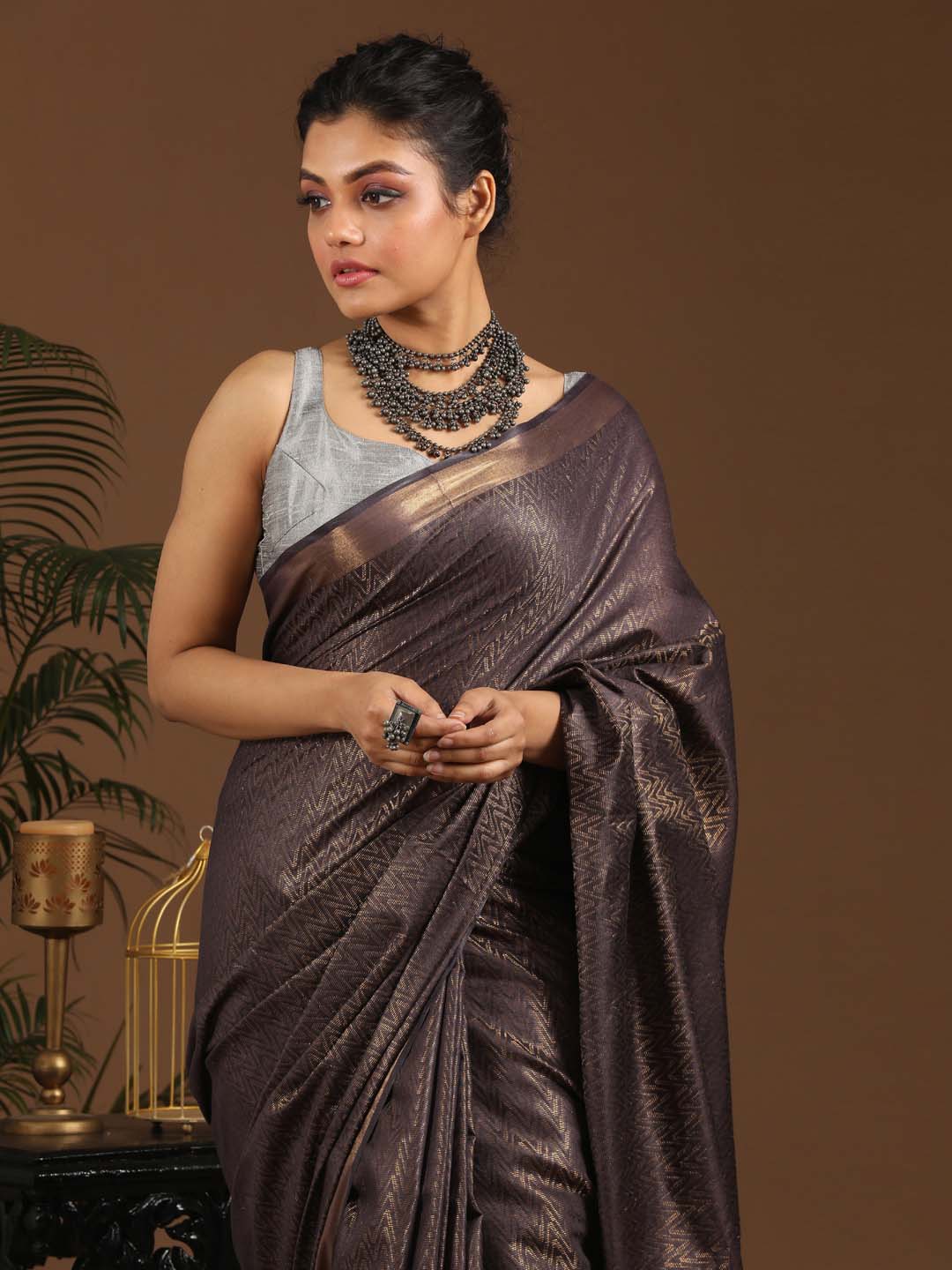 Indethnic Black Liva Woven Design Saree - View 2