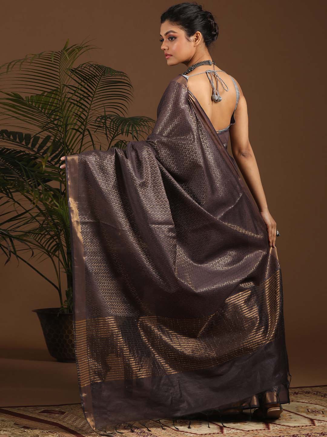 Indethnic Black Liva Woven Design Saree - View 3