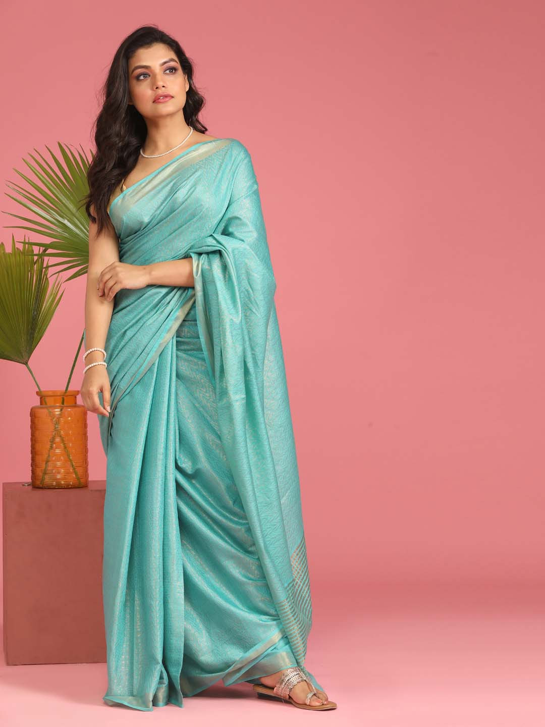 Indethnic Blue Liva Woven Design Saree - View 1