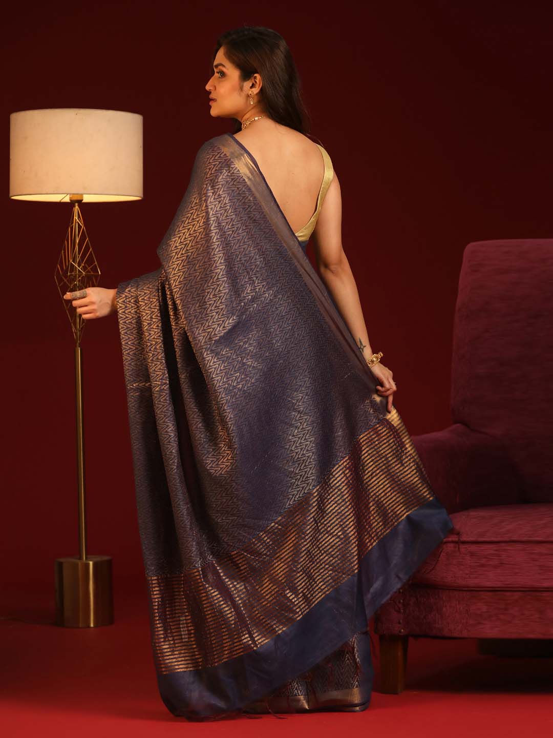 Indethnic Blue Liva Woven Design Saree - View 3