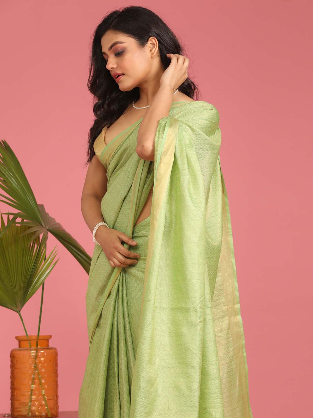 Indethnic Green Liva Woven Design Saree - View 1