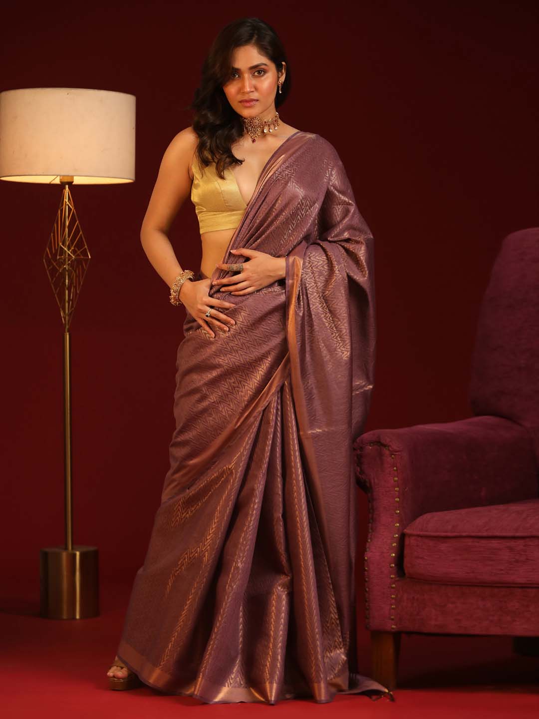 Indethnic Lavendar Liva Woven Design Saree - View 1