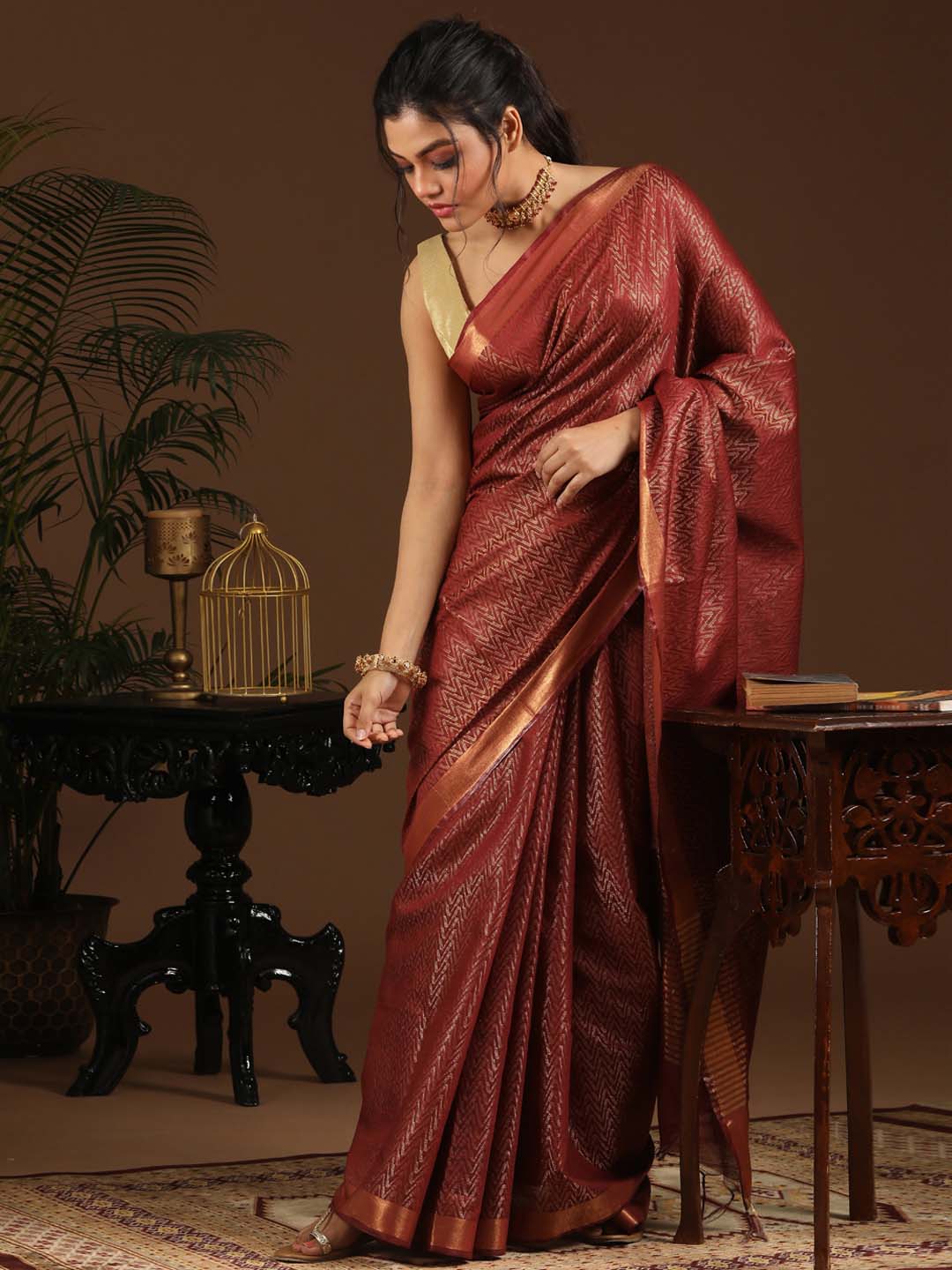 Indethnic Maroon Liva Woven Design Saree - View 1