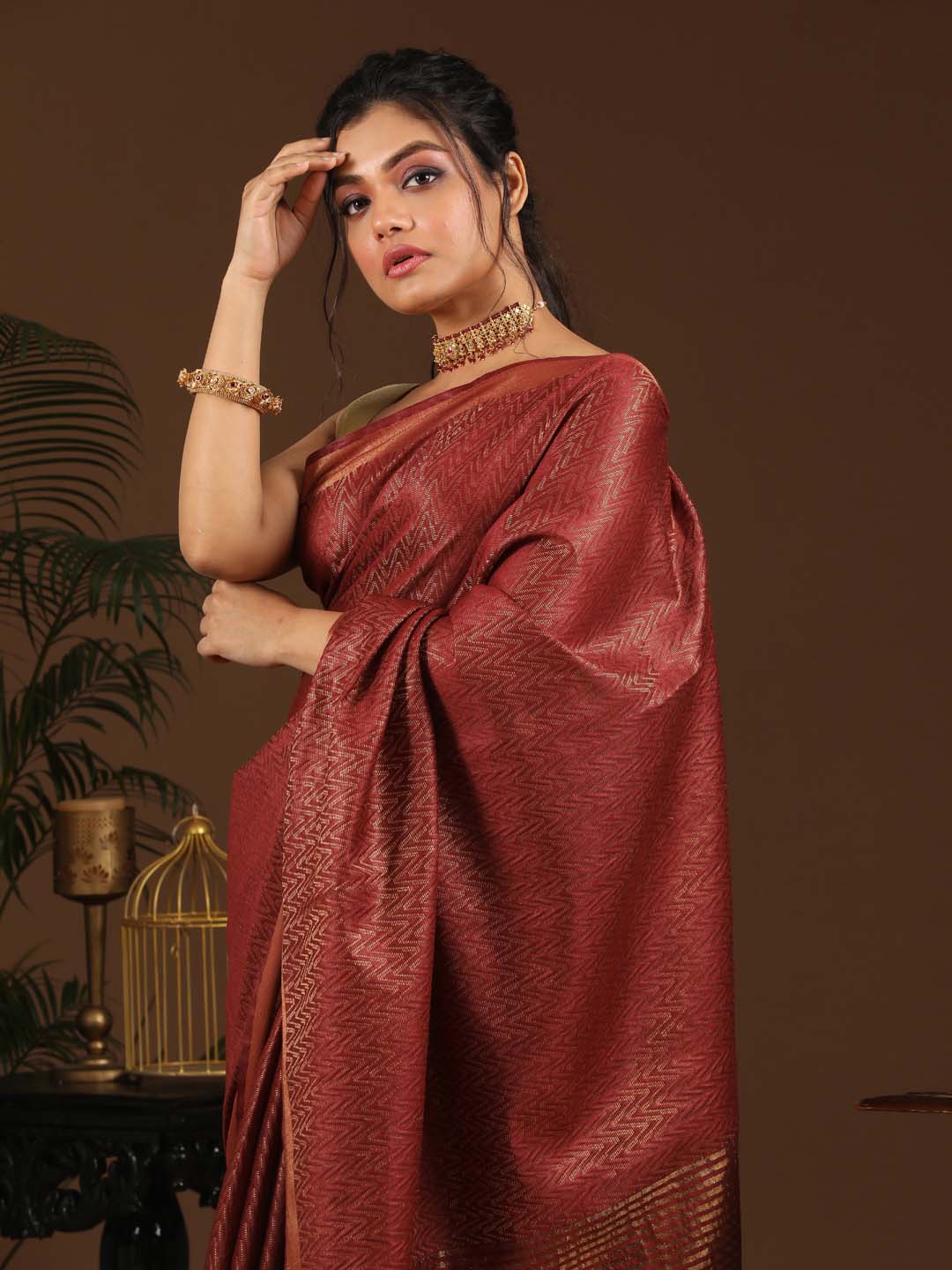 Indethnic Maroon Liva Woven Design Saree - View 2