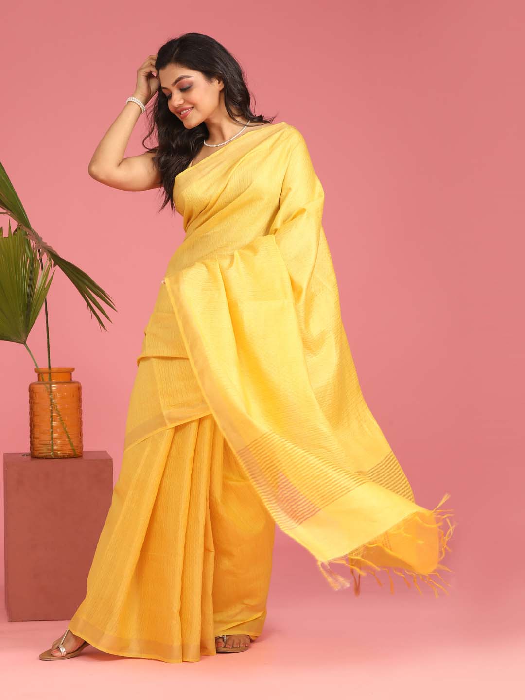 Indethnic Yellow Liva Woven Design Saree - View 1