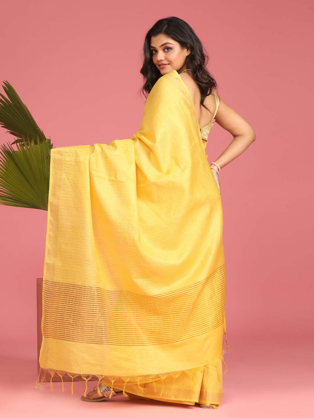 Indethnic Yellow Liva Woven Design Saree - View 3