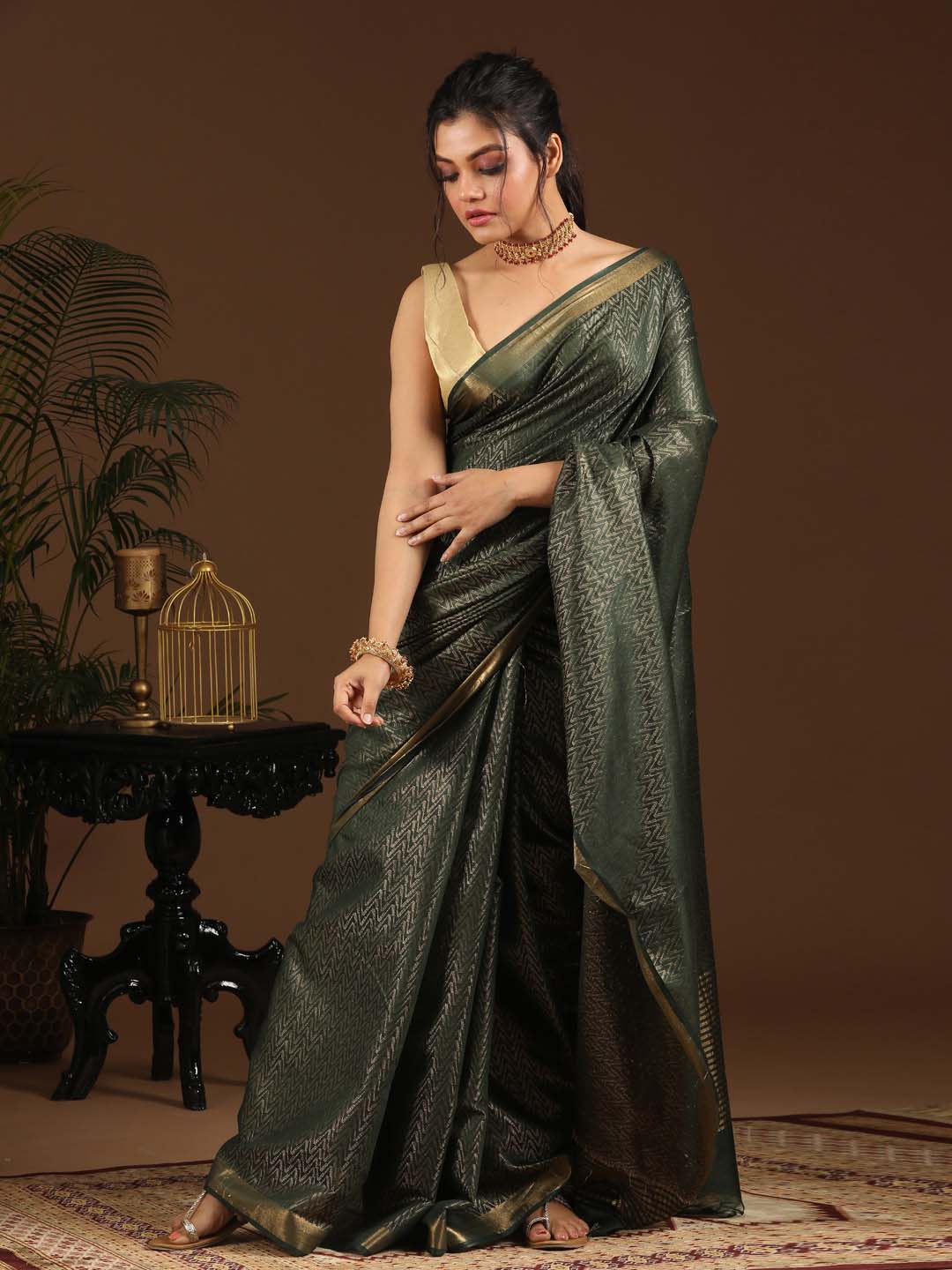 Indethnic Bottle Green Liva Woven Design Saree - View 1