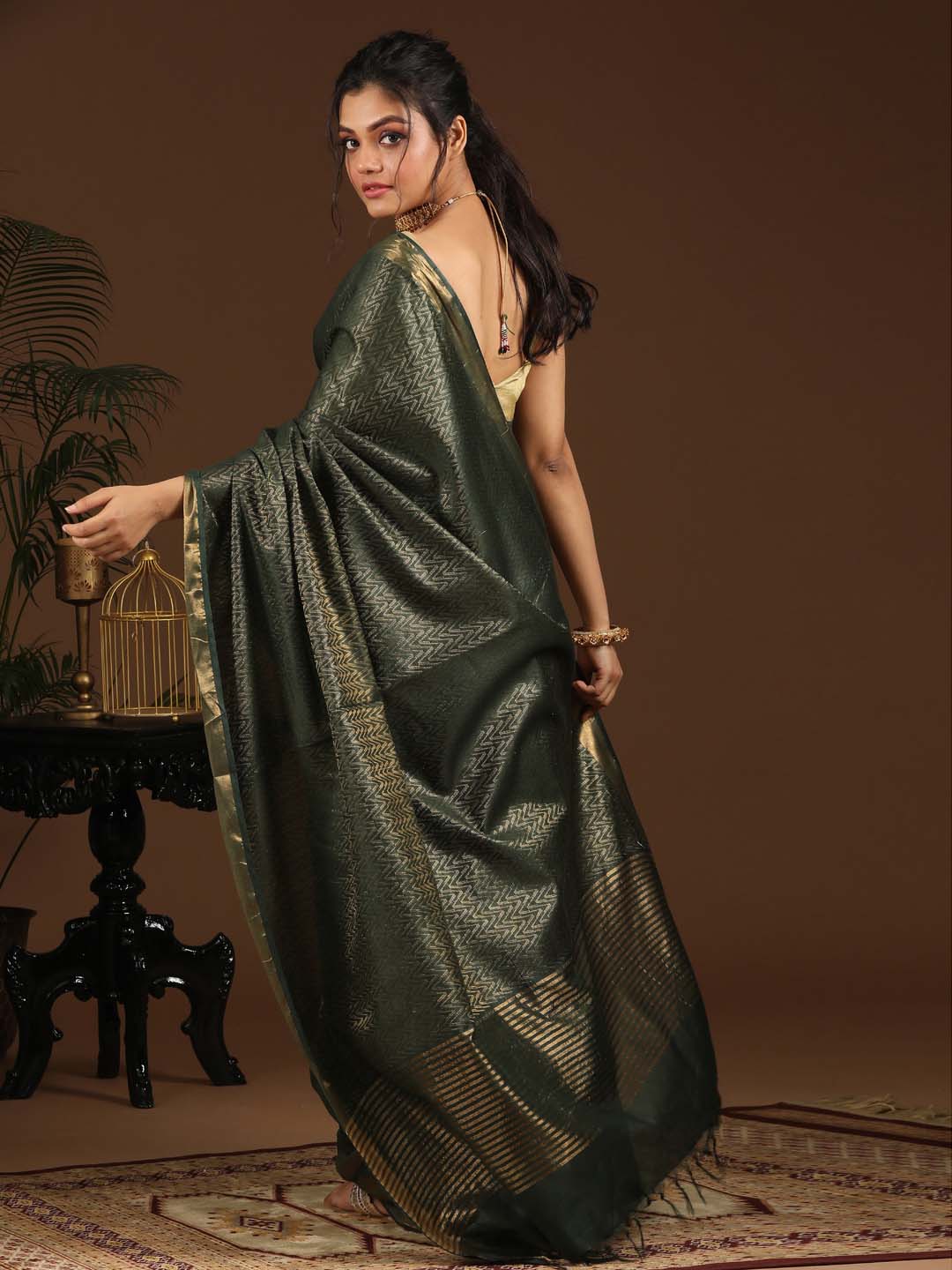 Indethnic Bottle Green Liva Woven Design Saree - View 3