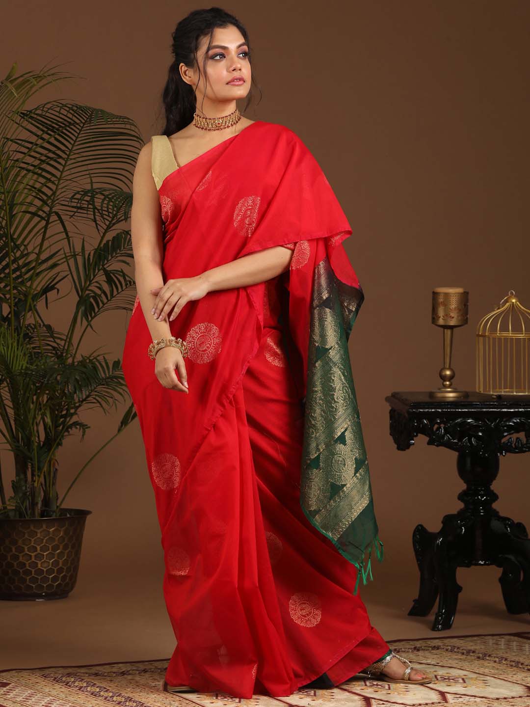 Indethnic Red Pochampally Kora Silk by Cotton Saree - View 1