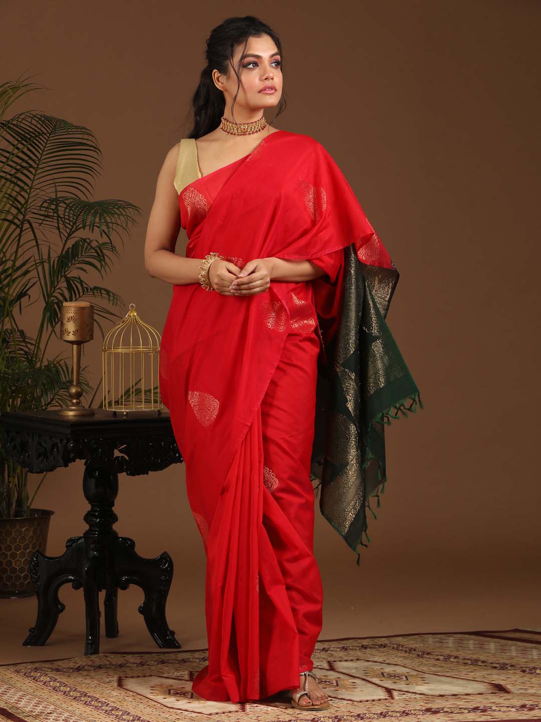 Indethnic Red Pochampally Kora Silk by Cotton Saree - View 1