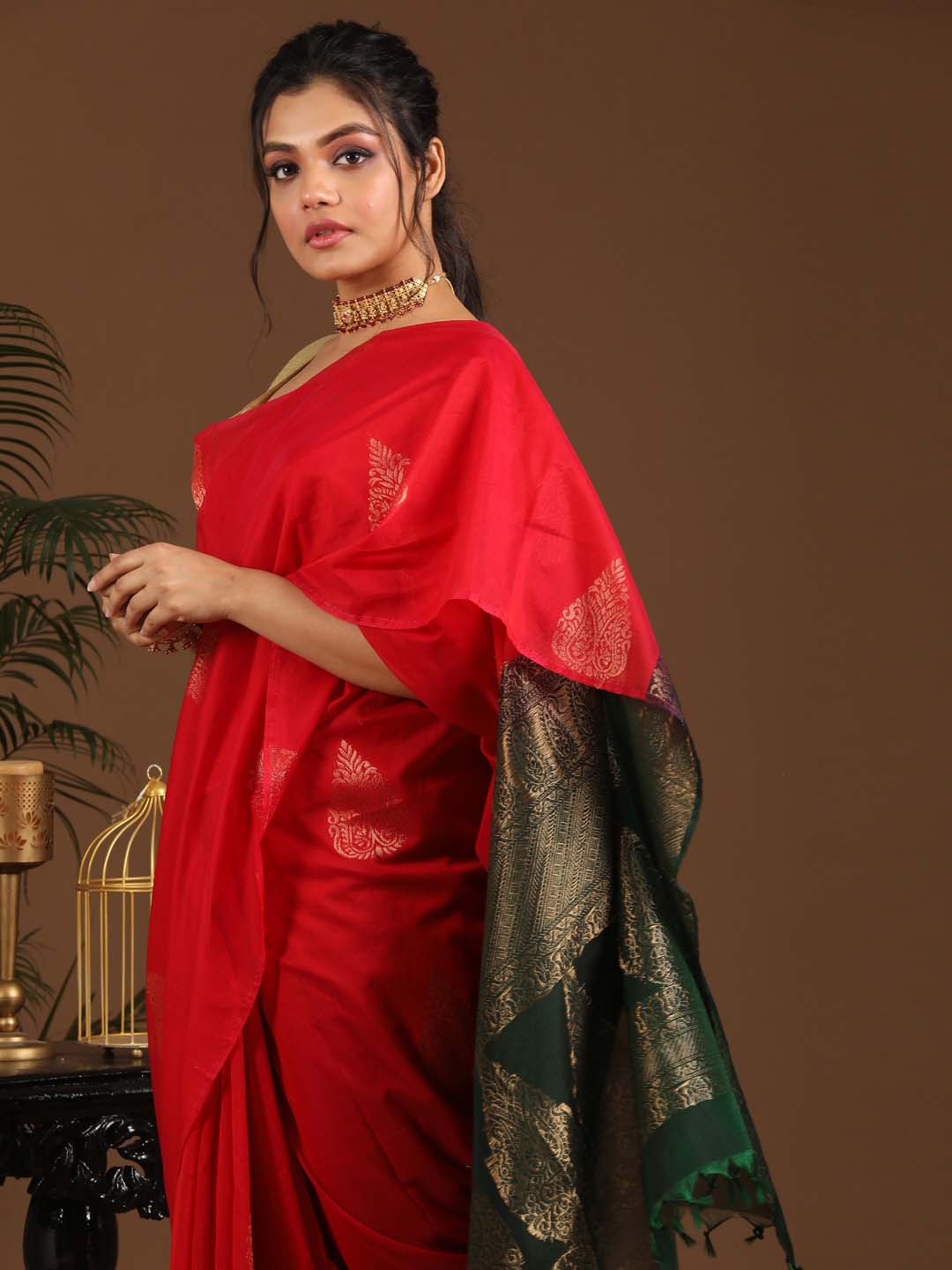 Indethnic Red Pochampally Kora Silk by Cotton Saree - View 2