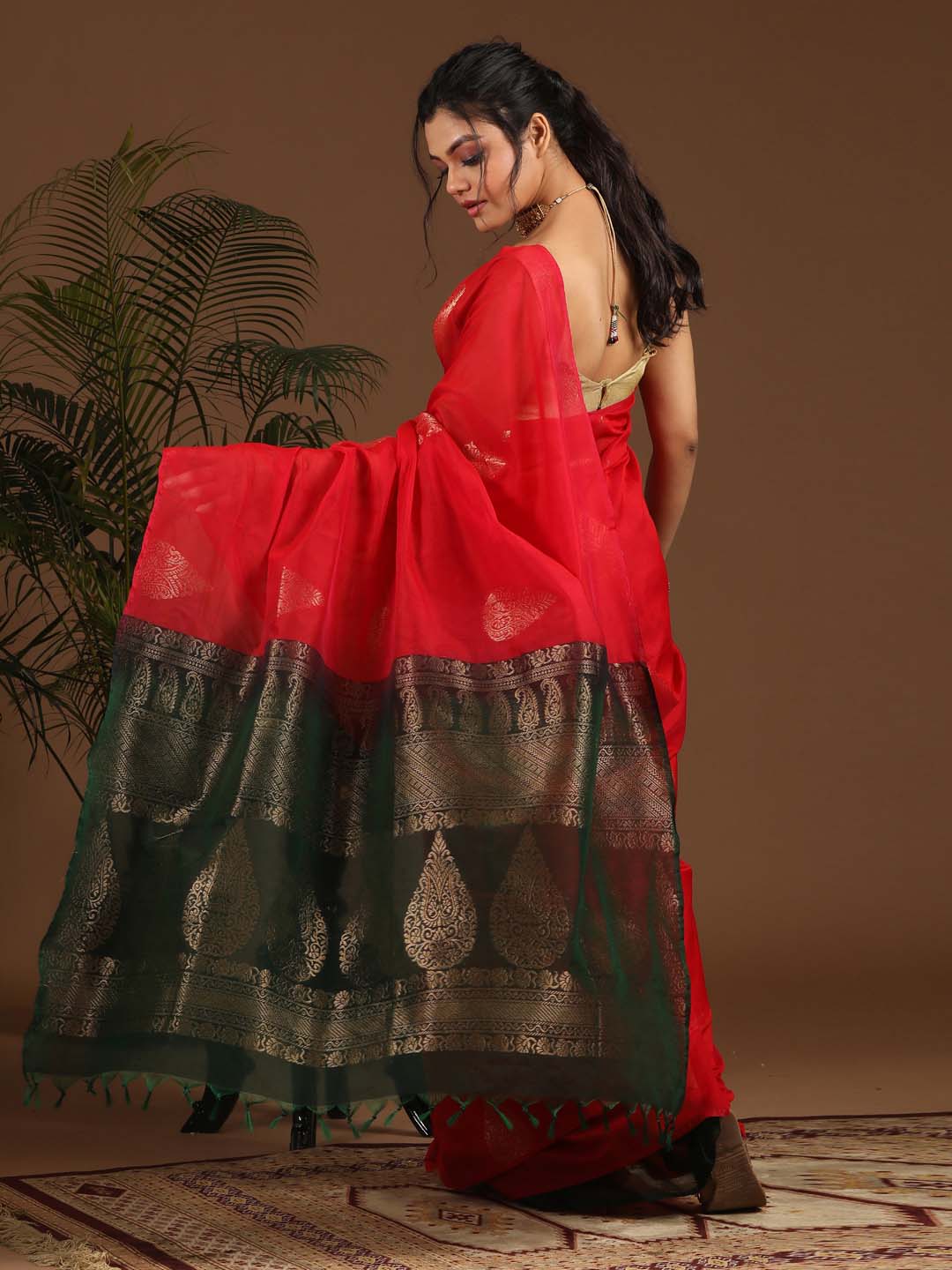 Indethnic Red Pochampally Kora Silk by Cotton Saree - View 3