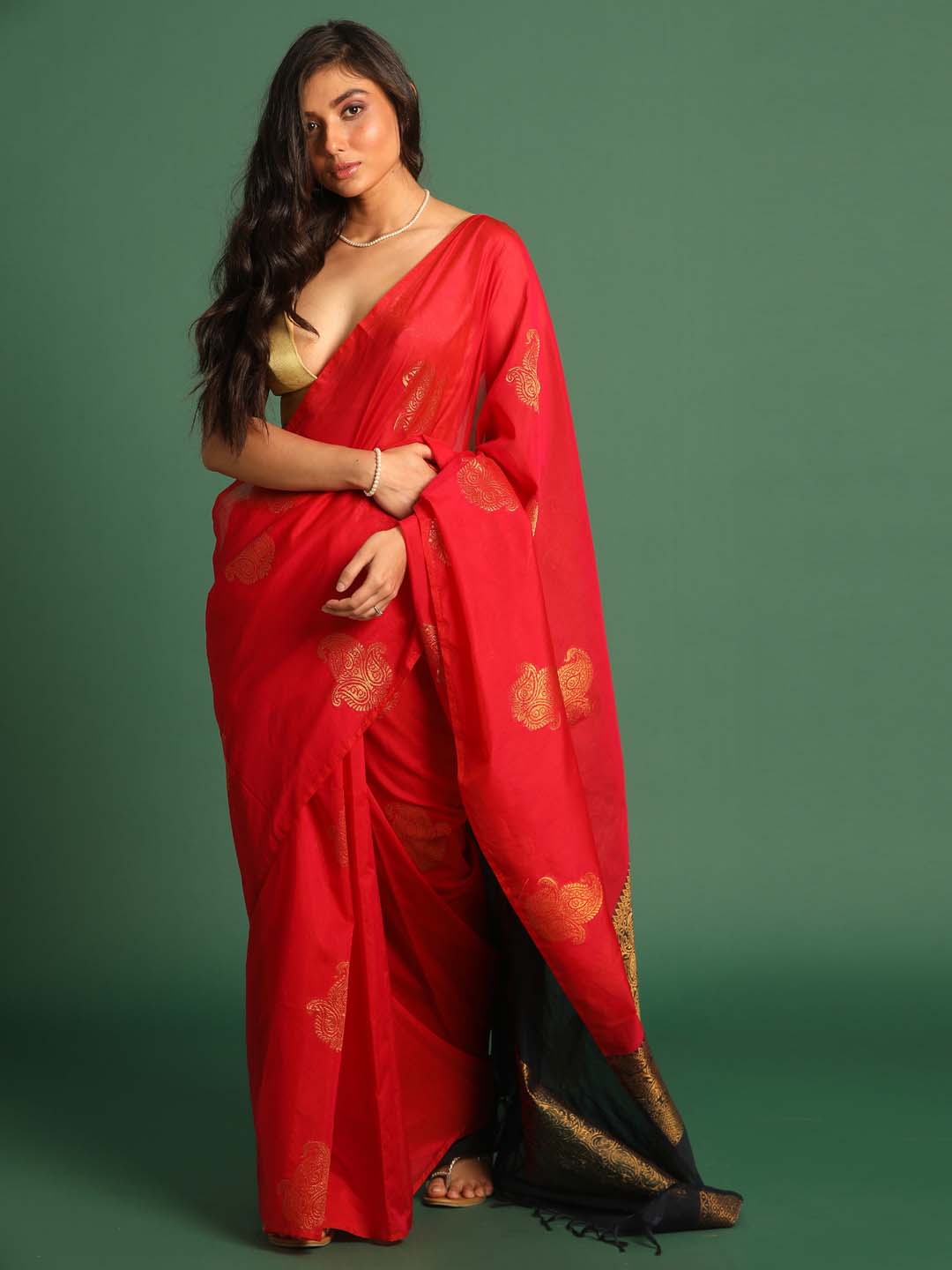 Indethnic Red Pochampally Kora Silk by Cotton Saree - View 1