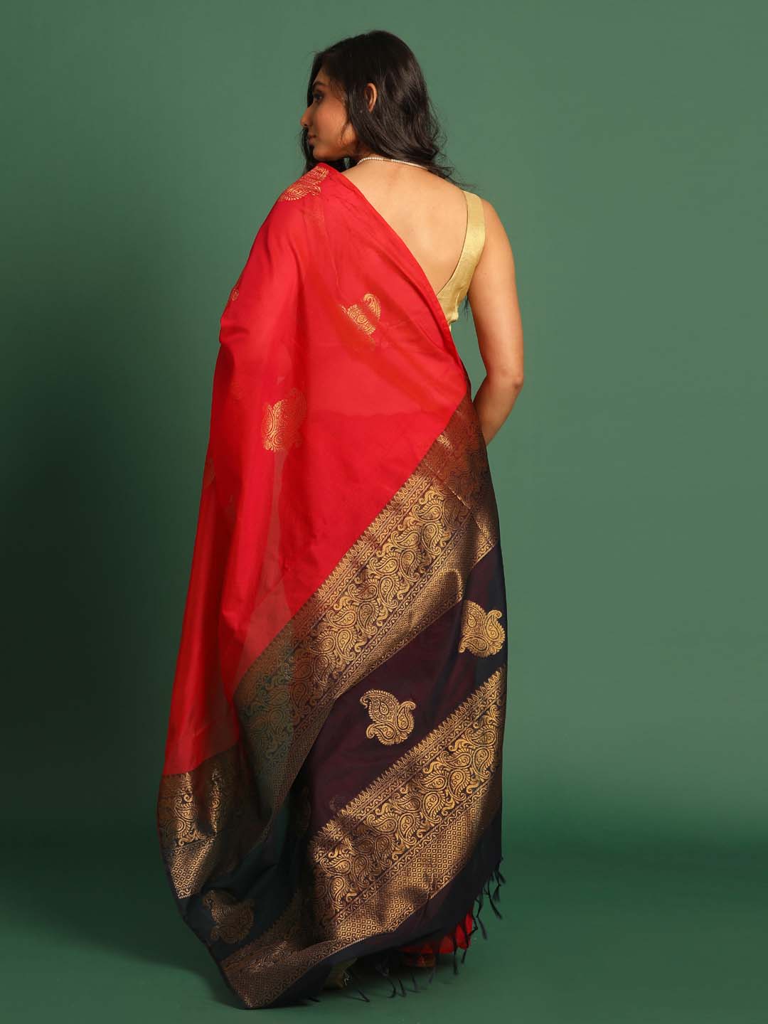 Indethnic Red Pochampally Kora Silk by Cotton Saree - View 3