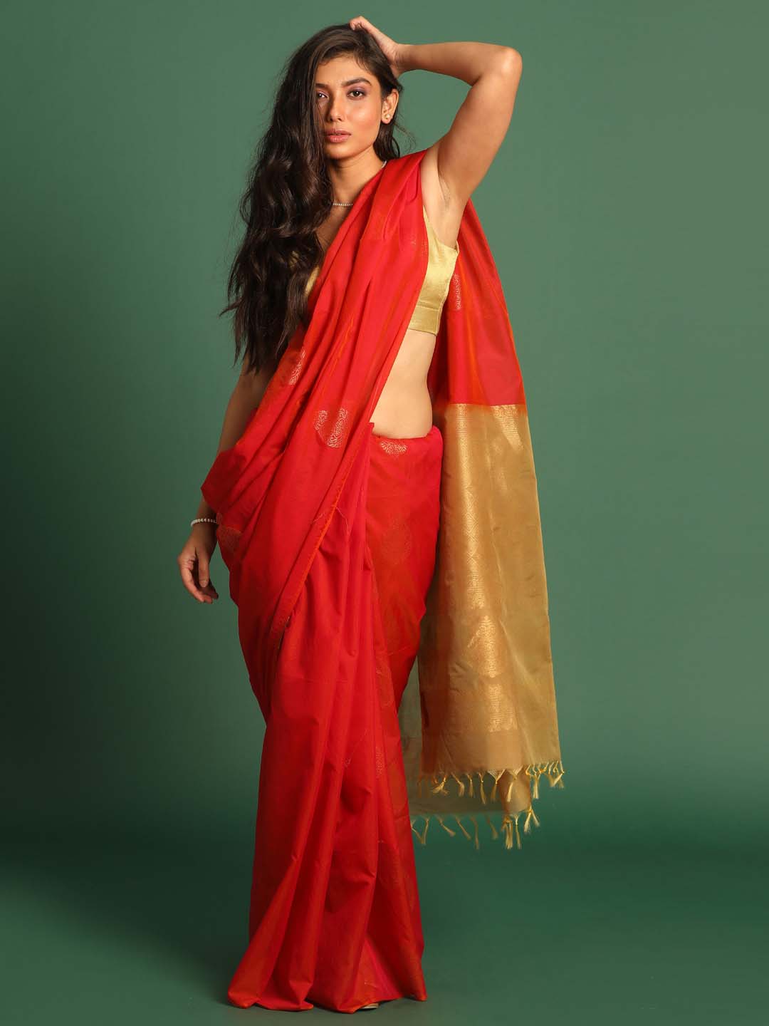 Indethnic Red Pochampally Kora Silk by Cotton Saree - View 1