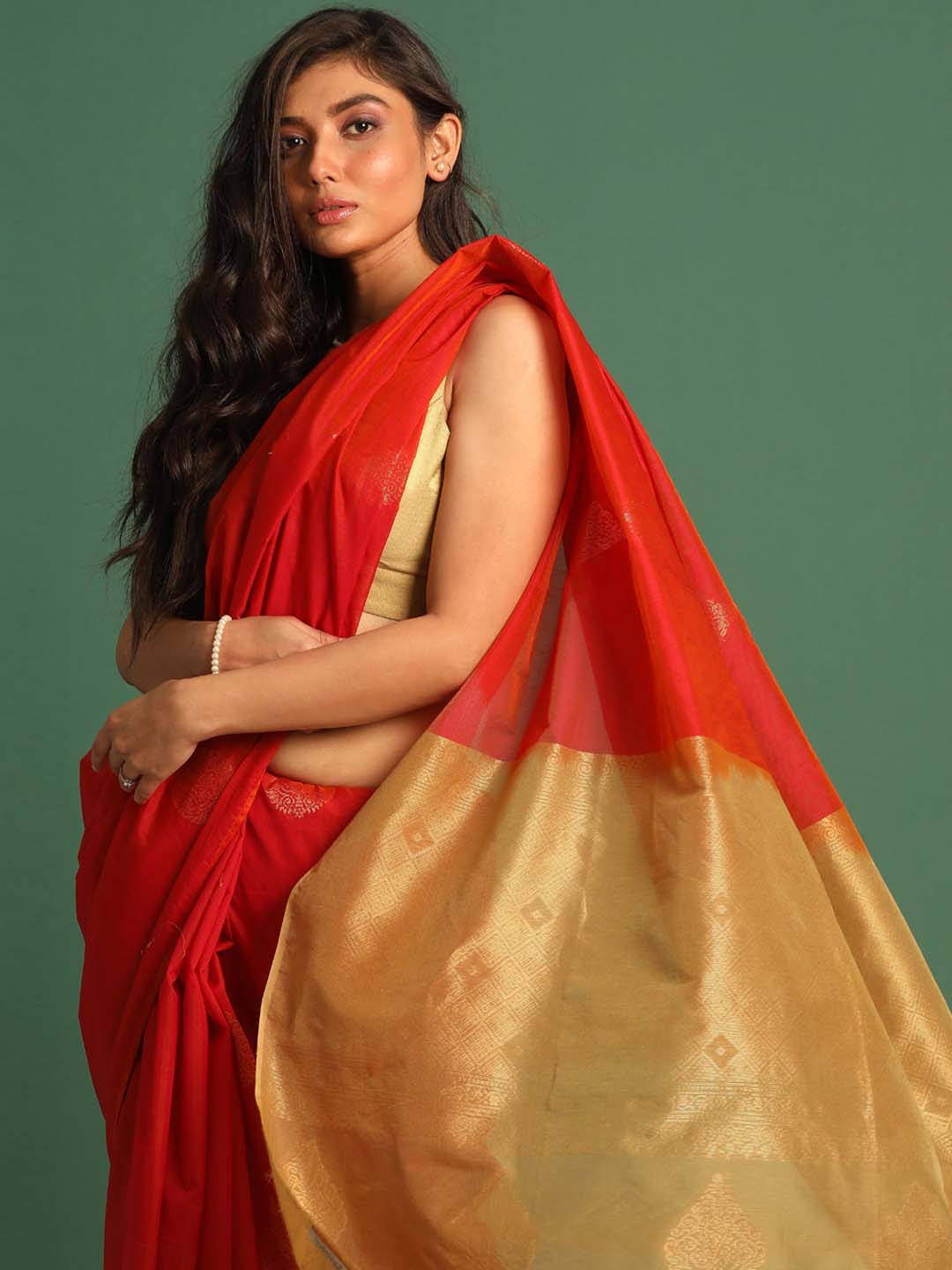 Indethnic Red Pochampally Kora Silk by Cotton Saree - View 2