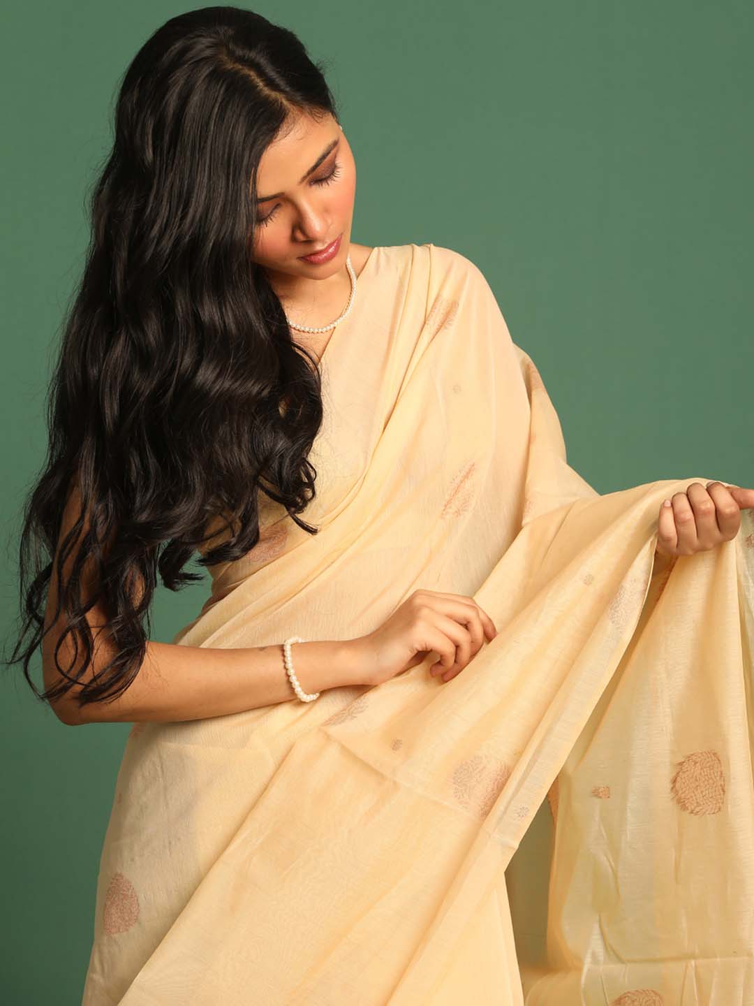 Indethnic Beige Pochampally Kora Silk by Cotton Saree - View 2