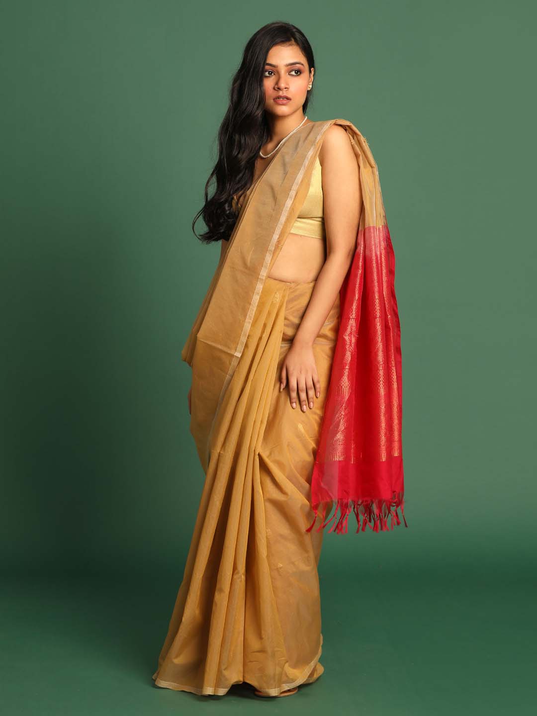 Indethnic Beige Pochampally Kora Silk by Cotton Saree - View 1