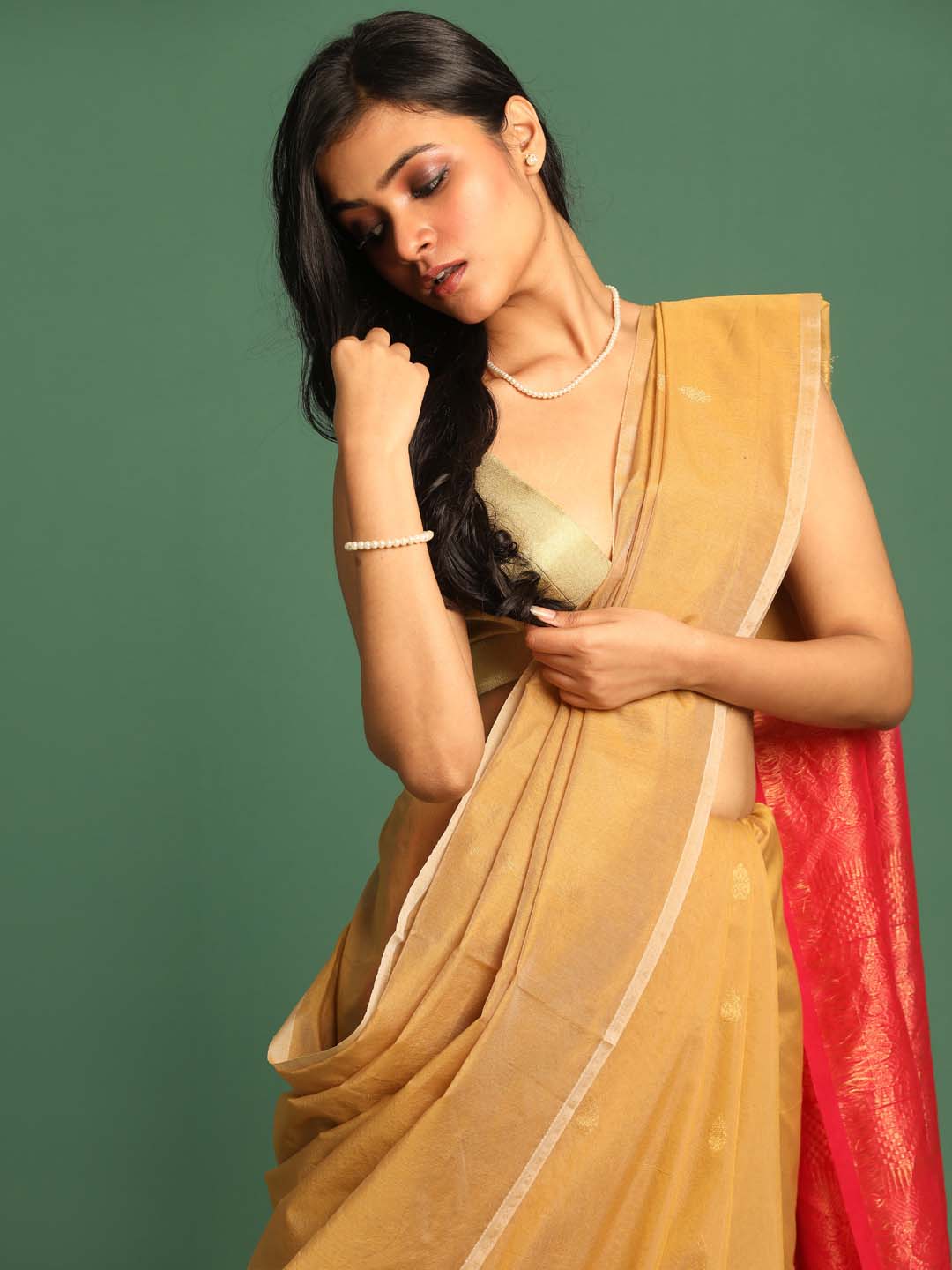 Indethnic Beige Pochampally Kora Silk by Cotton Saree - View 2