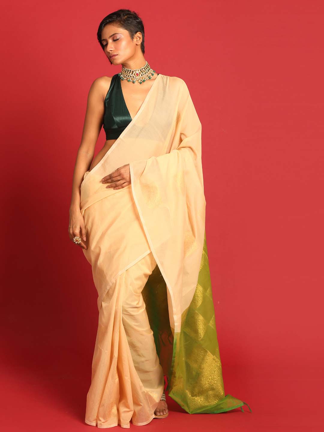 Indethnic Beige Pochampally Kora Silk by Cotton Saree - View 1