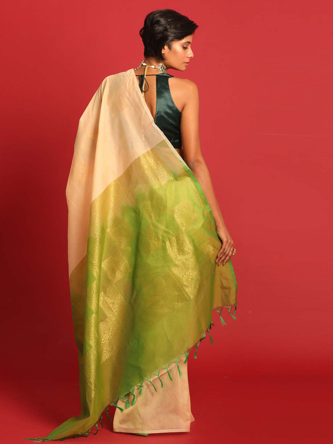 Indethnic Beige Pochampally Kora Silk by Cotton Saree - View 3