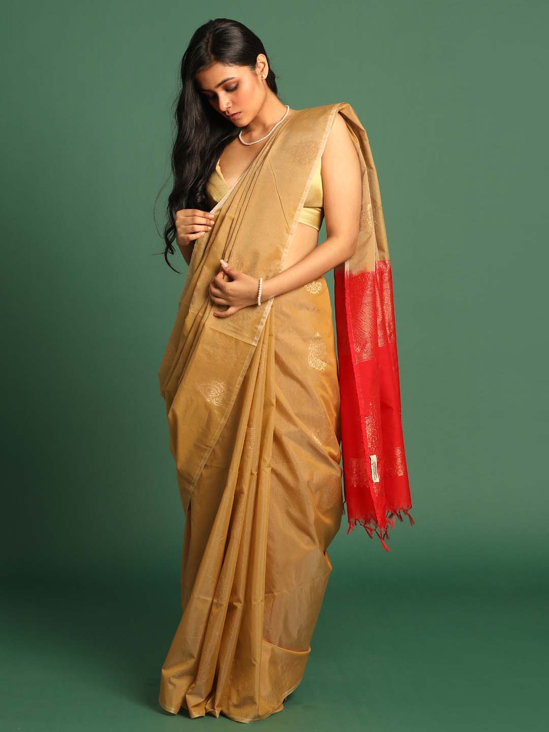 Indethnic Beige Pochampally Kora Silk by Cotton Saree - View 1