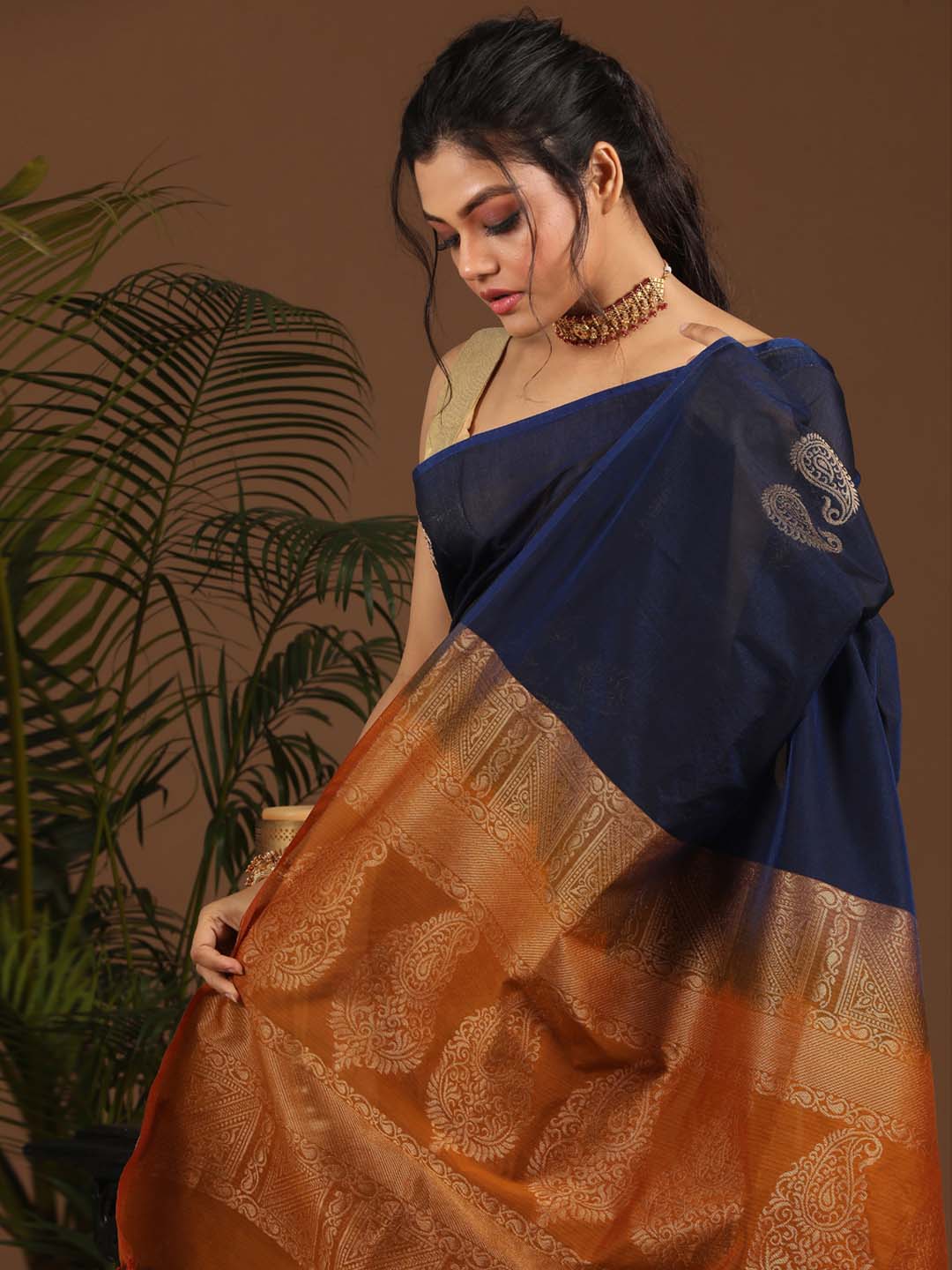 Indethnic Blue Pochampally Kora Silk by Cotton Saree - View 2