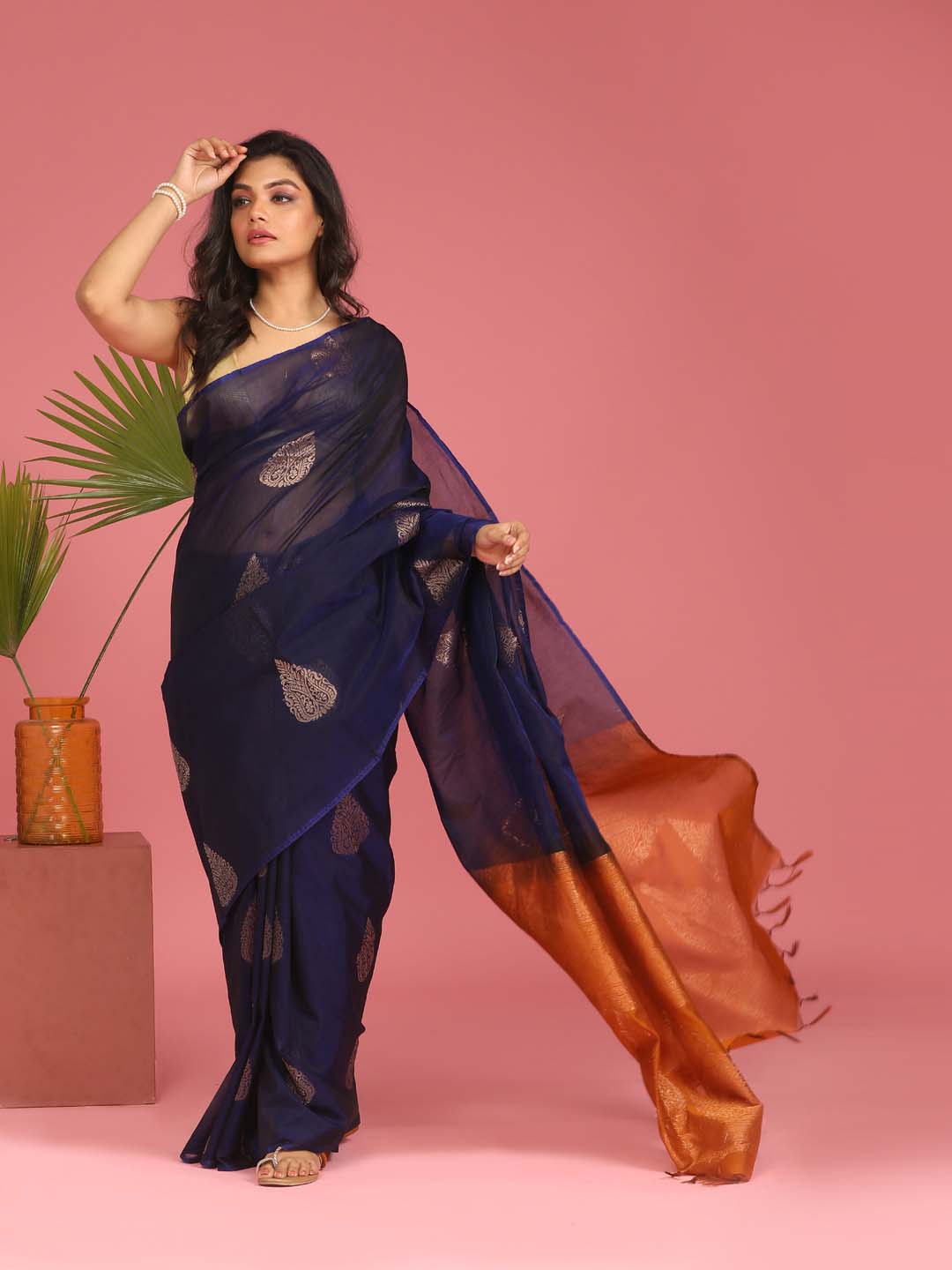 Indethnic Blue Pochampally Kora Silk by Cotton Saree - View 1