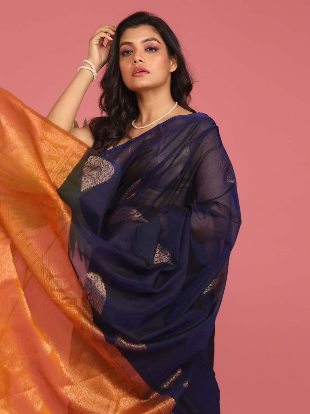 Indethnic Blue Pochampally Kora Silk by Cotton Saree - View 2