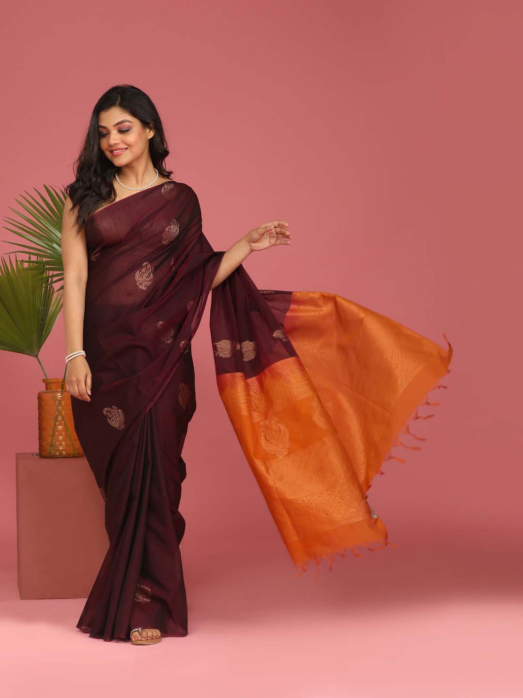 Indethnic Brown Pochampally Kora Silk by Cotton Saree - View 1