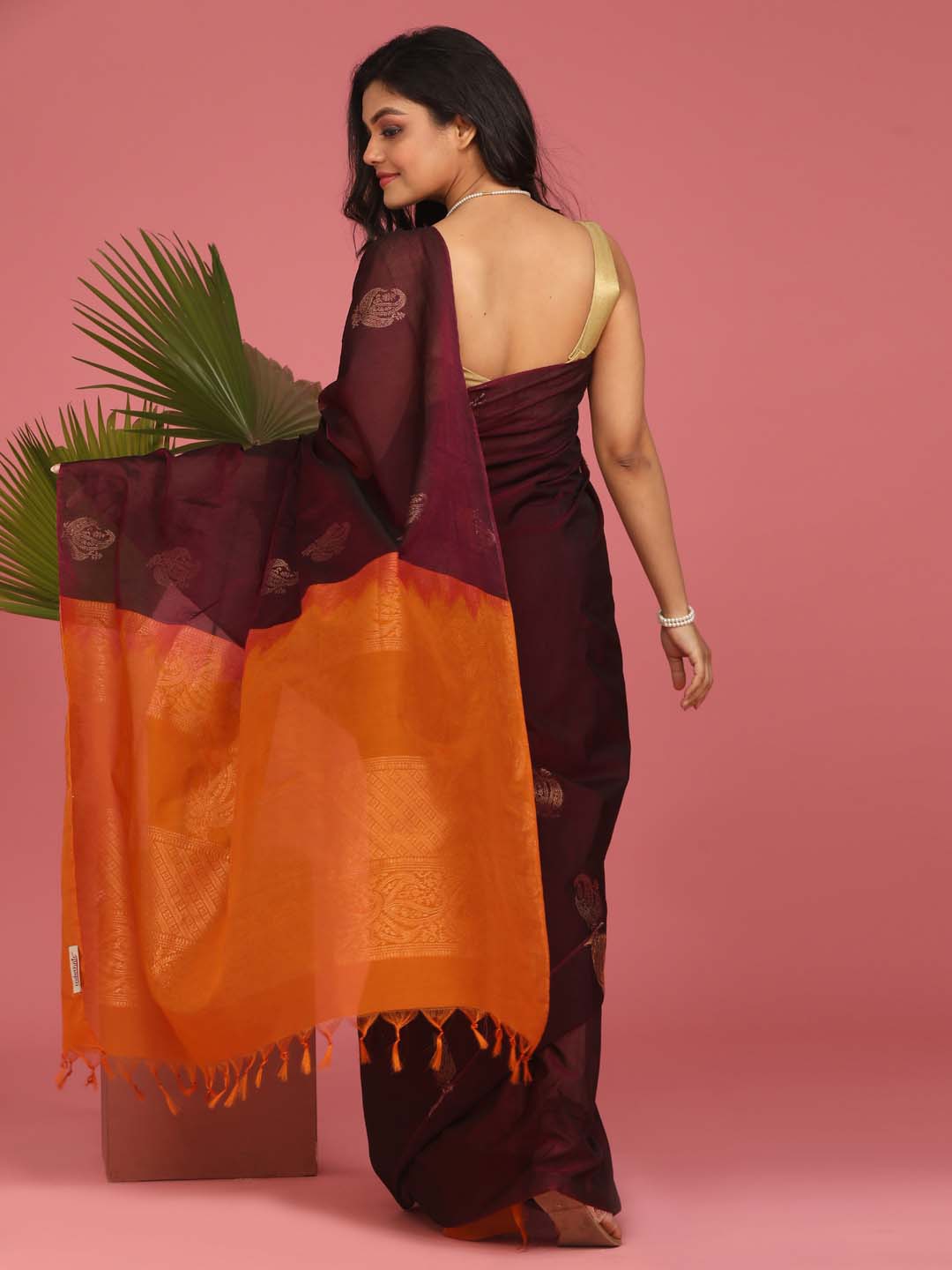 Indethnic Brown Pochampally Kora Silk by Cotton Saree - View 3