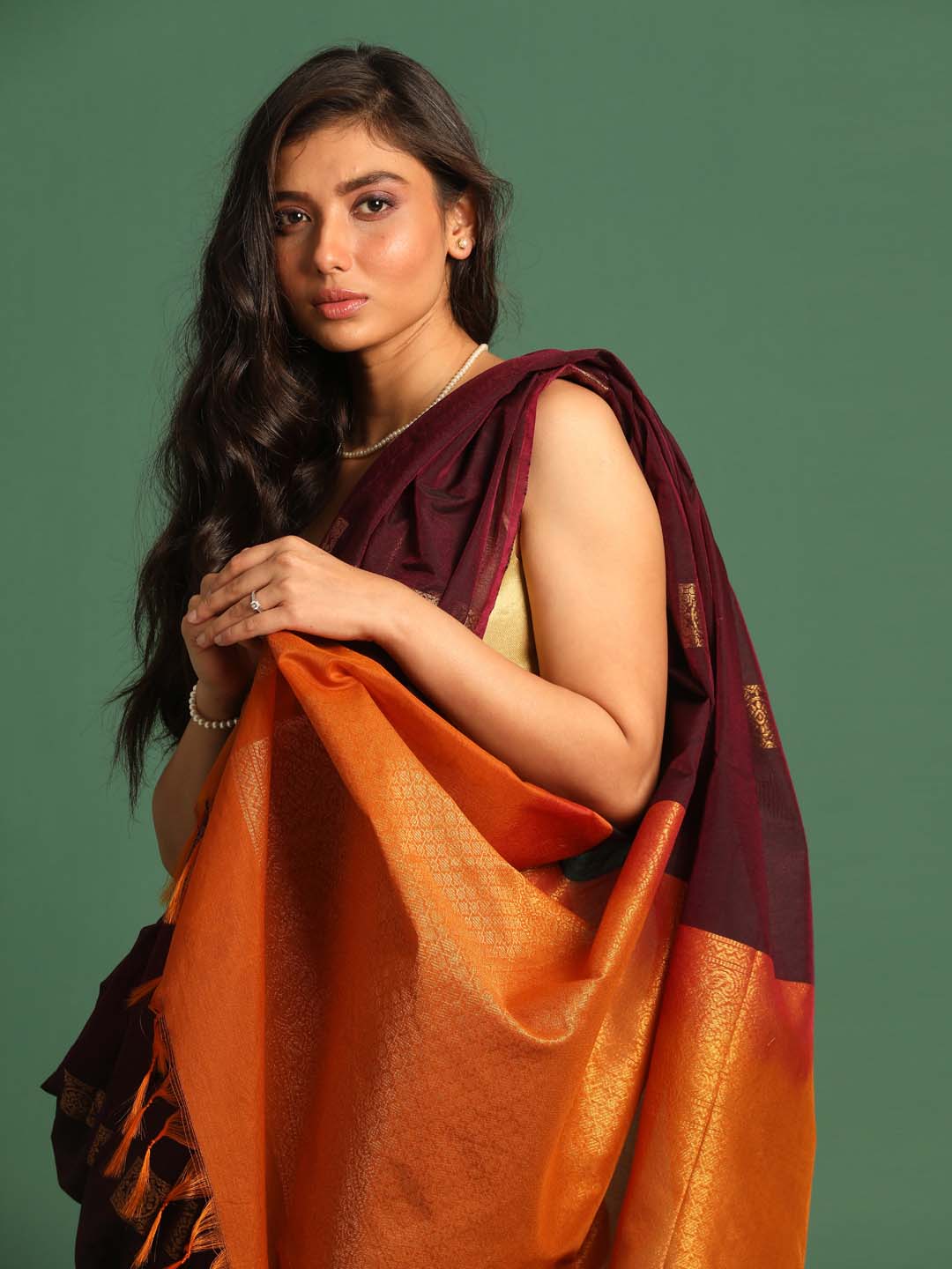 Brown Pochampally Kora Silk by Cotton Saree
