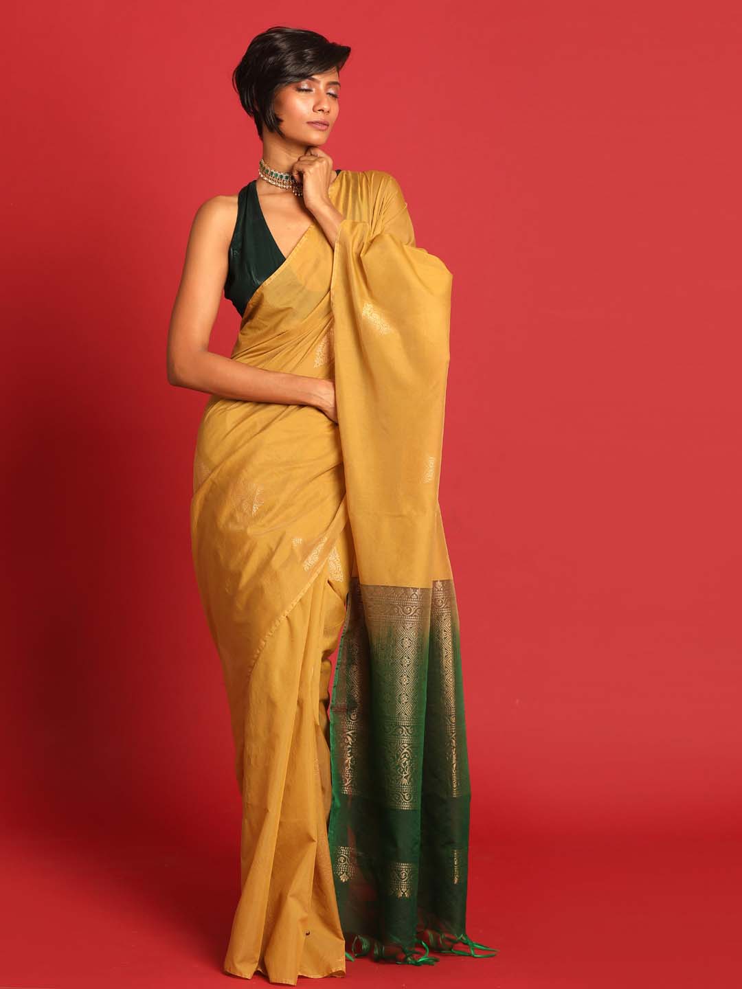 Indethnic Gold Pochampally Kora Silk by Cotton Saree - View 1