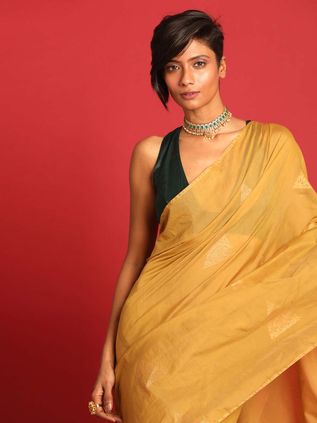 Indethnic Gold Pochampally Kora Silk by Cotton Saree - View 2