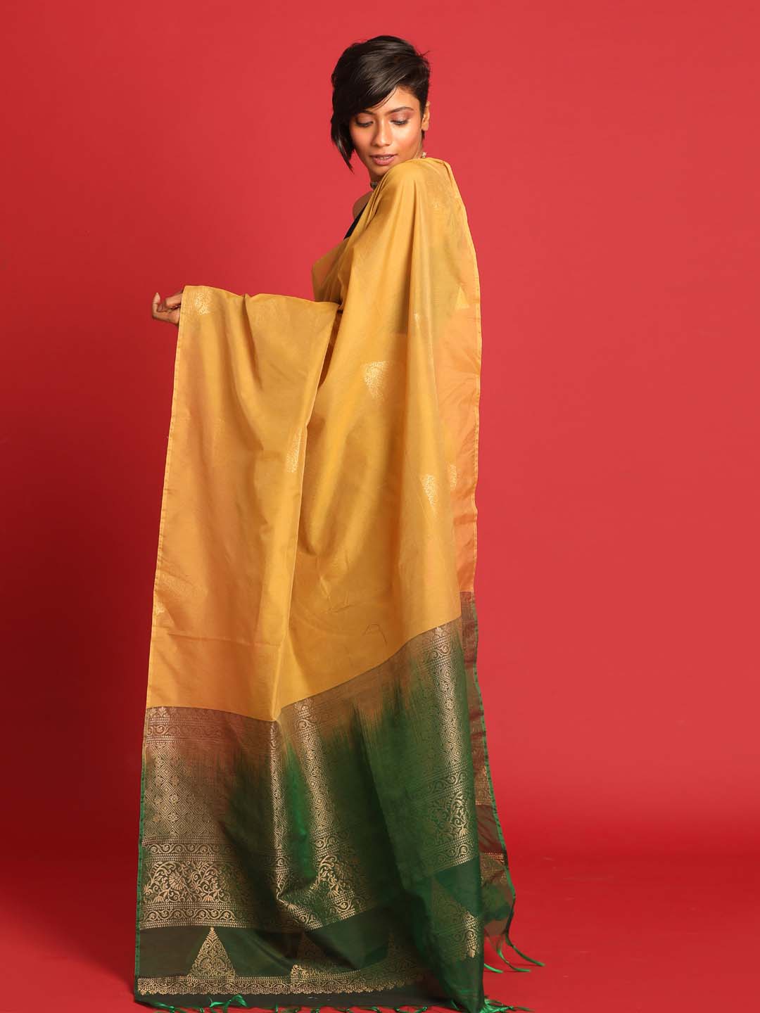 Indethnic Gold Pochampally Kora Silk by Cotton Saree - View 3