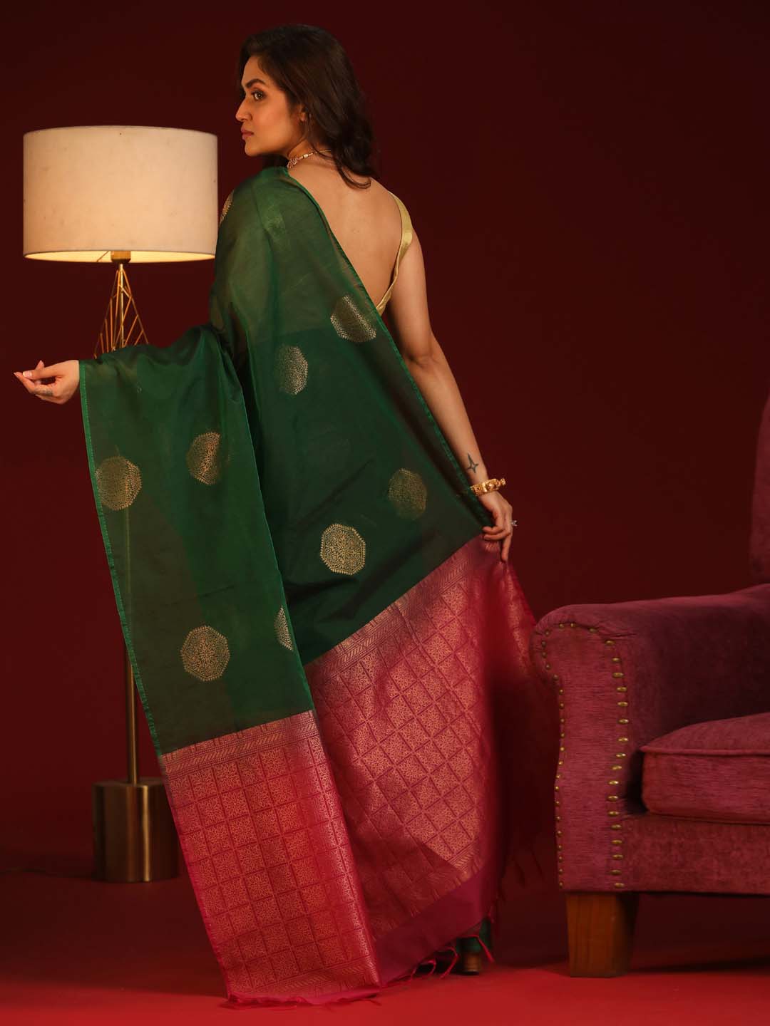 Indethnic Green Pochampally Kora Silk by Cotton Saree - View 3