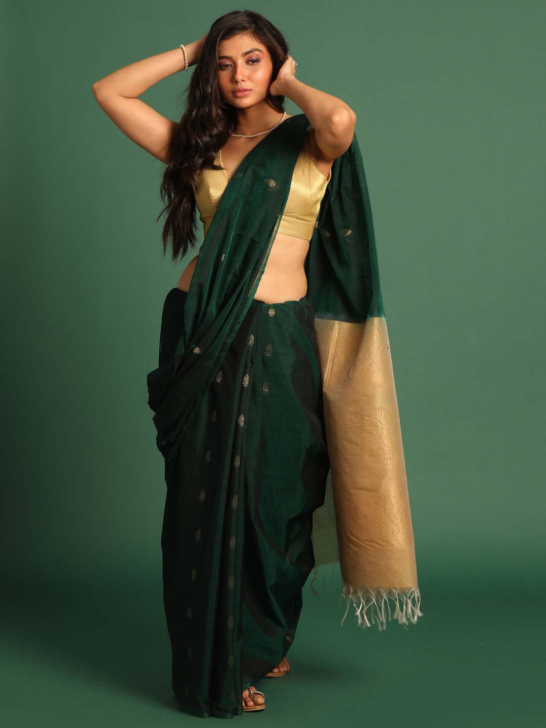 Indethnic Green Pochampally Kora Silk by Cotton Saree - View 1