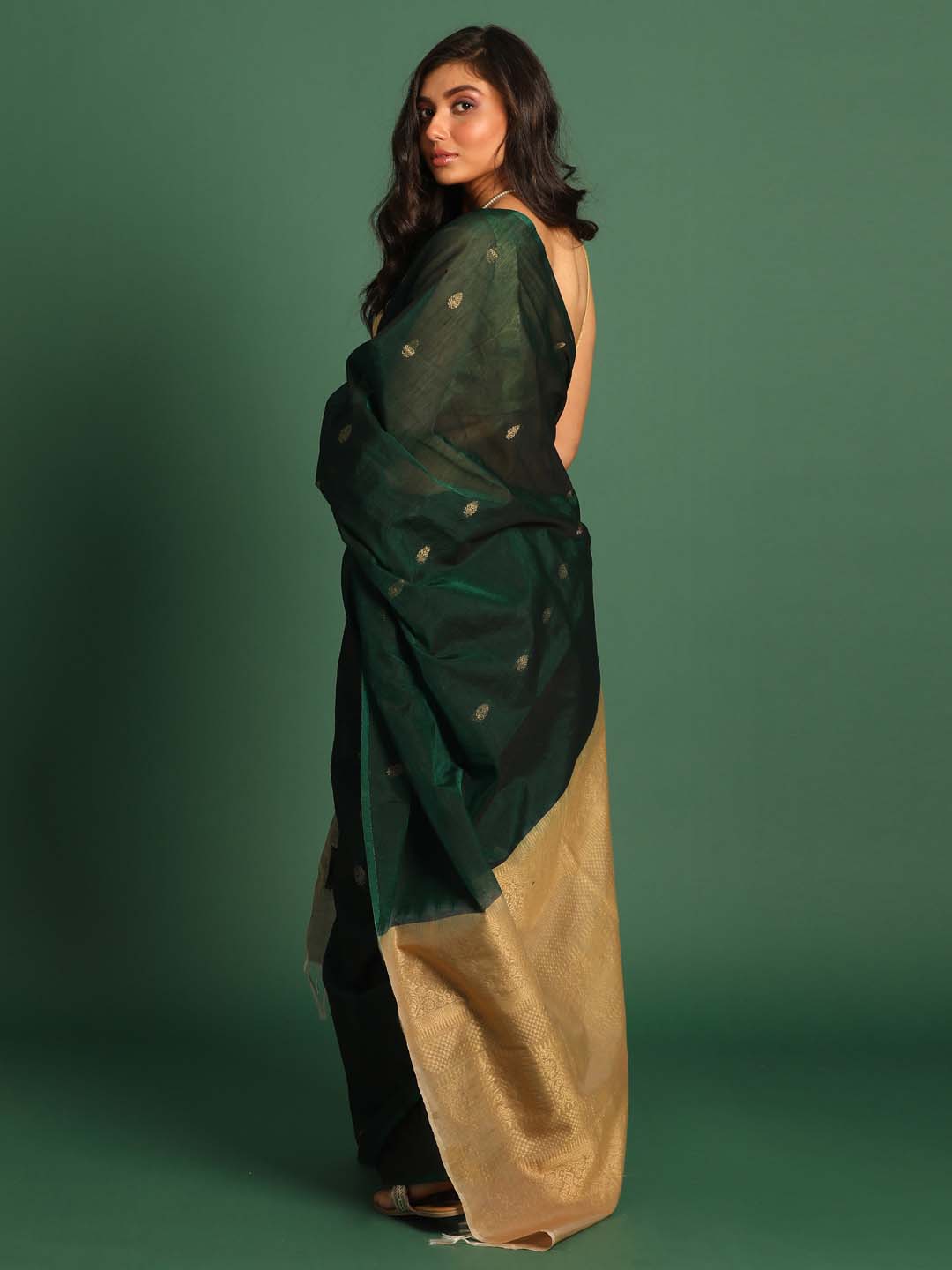 Indethnic Green Pochampally Kora Silk by Cotton Saree - View 3