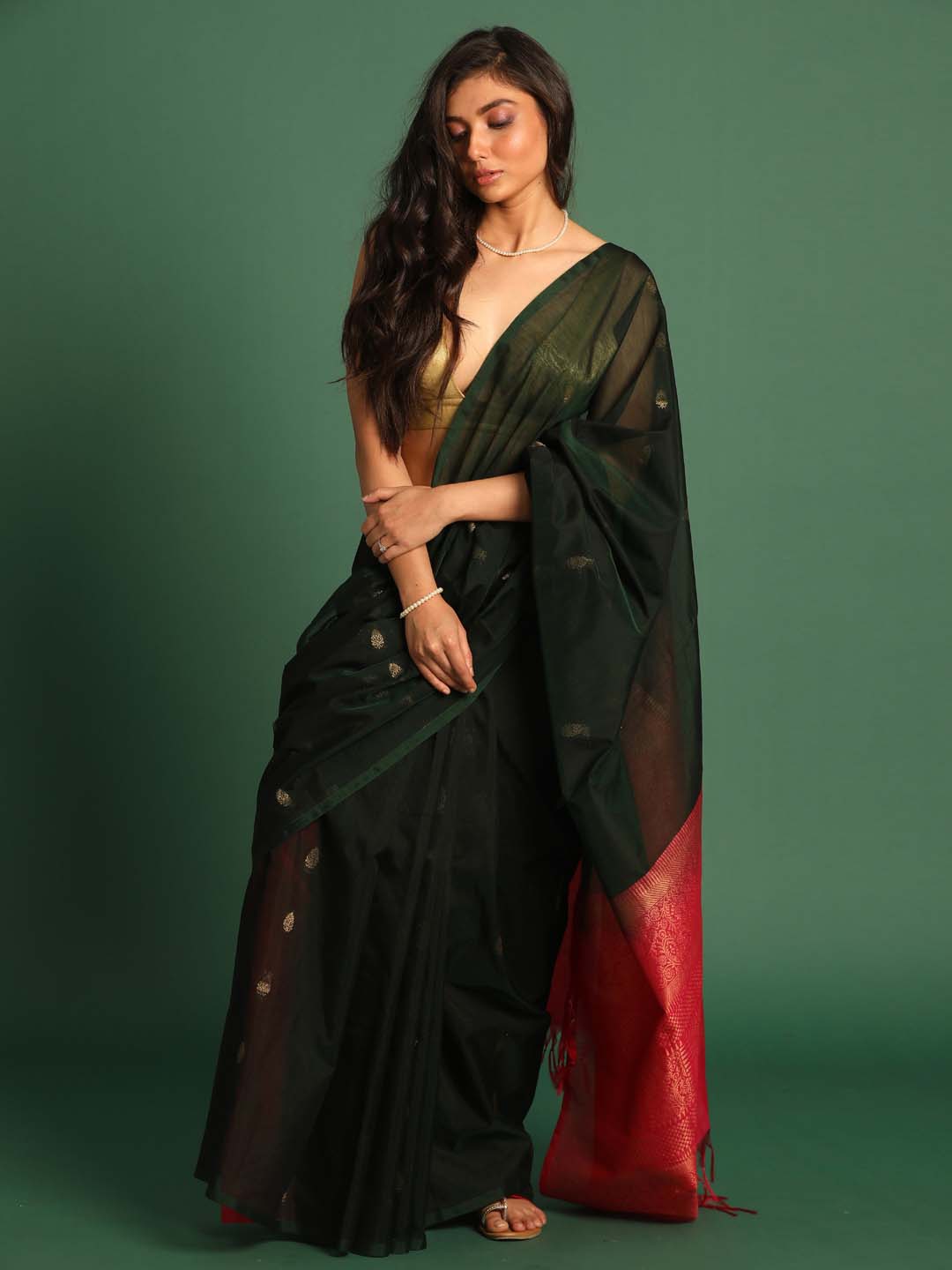 Indethnic Green Pochampally Kora Silk by Cotton Saree - View 1