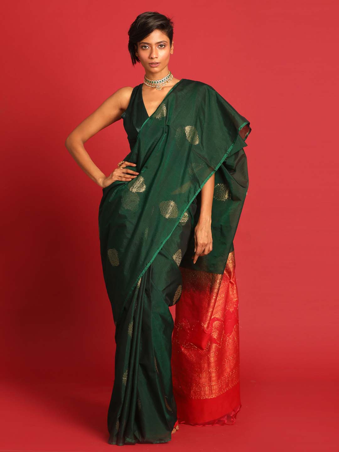 Indethnic Green Pochampally Kora Silk by Cotton Saree - View 1